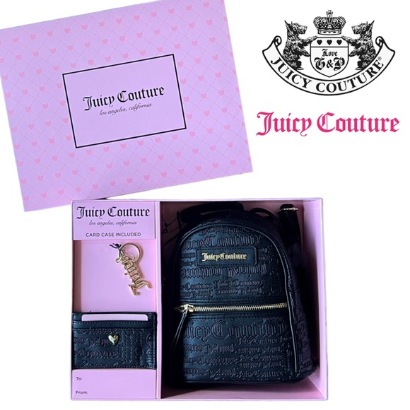 Juicy Couture Handbags - JUICY COUTURE Black Logo Backpack Cardcase Gold Keychain Boxed Gift Set